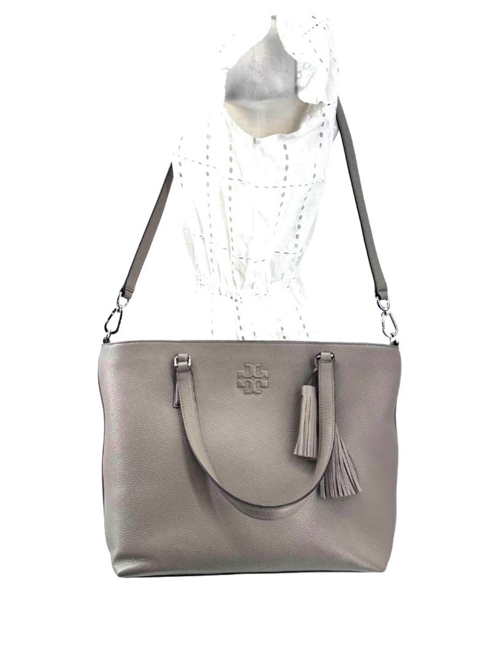 TORY BURCH Thea Convertible Leather Tote, gray - Picture 10 of 11